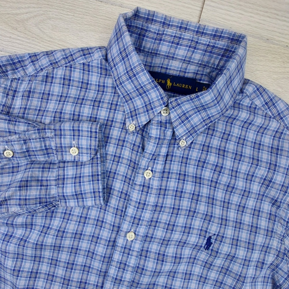 Ralph Lauren Button Down Shirt Mens L Blue White Plaid Long Sleeve Cotton Logo‎